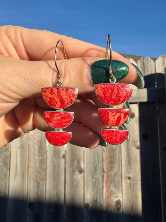 Vintage Sterling Silver Halfmoon Coral Dangle Earrings