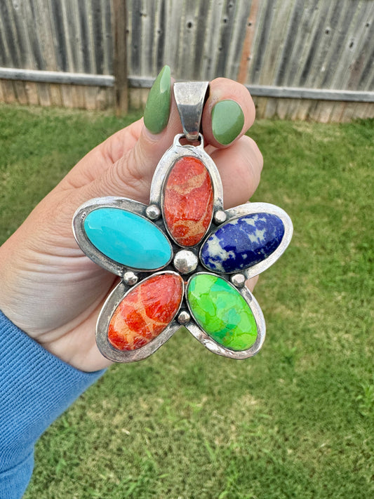 Sterling Silver Multi-Stone Large Flower Pendant