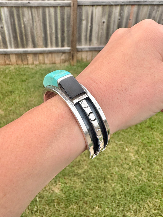Vintage Sterling Silver Turquoise and Onyx Cuff Bracelet