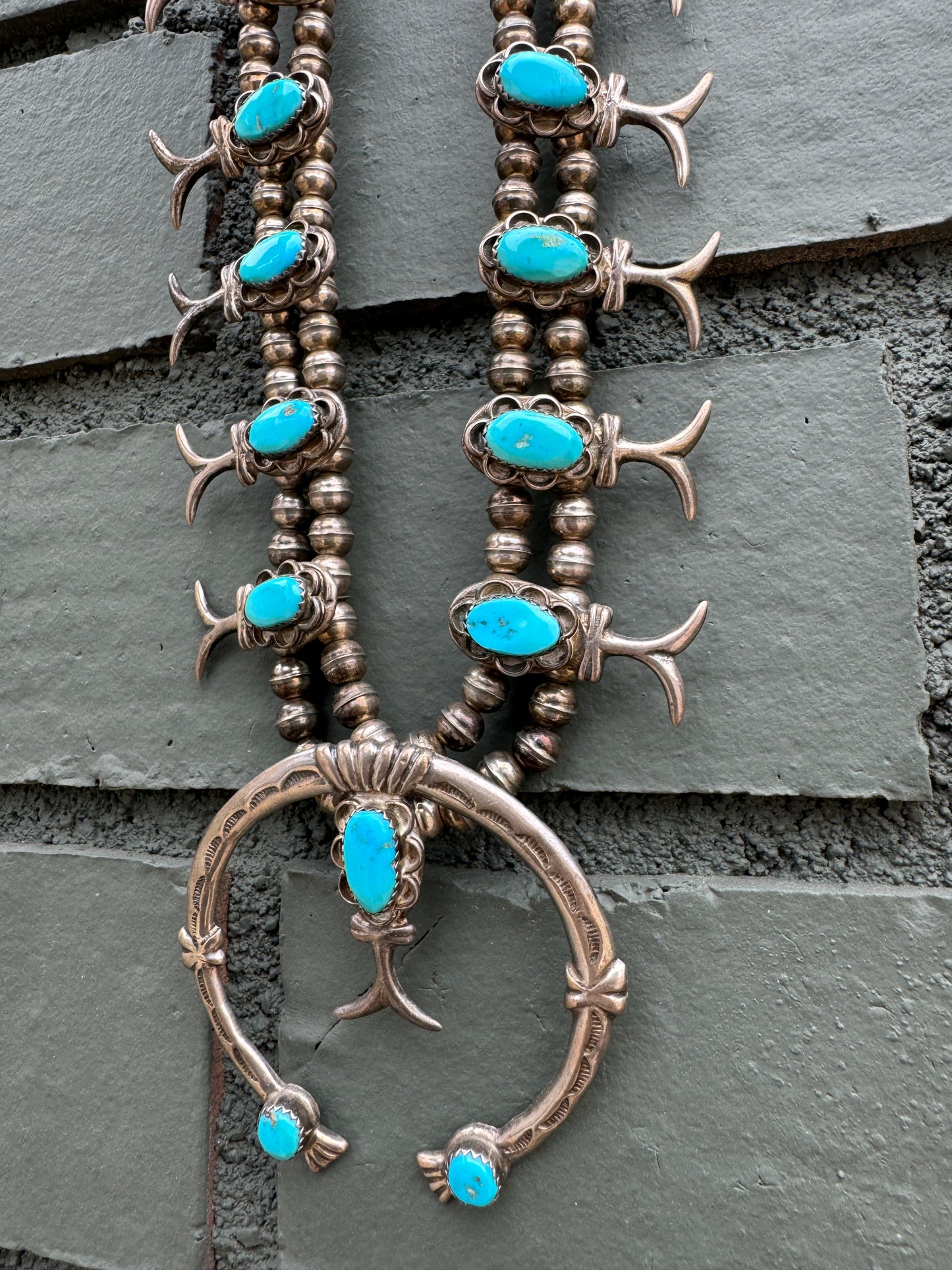 Authentic Sterling Silver Vintage Navajo Pearl Turquoise Squash Blossom Necklace
