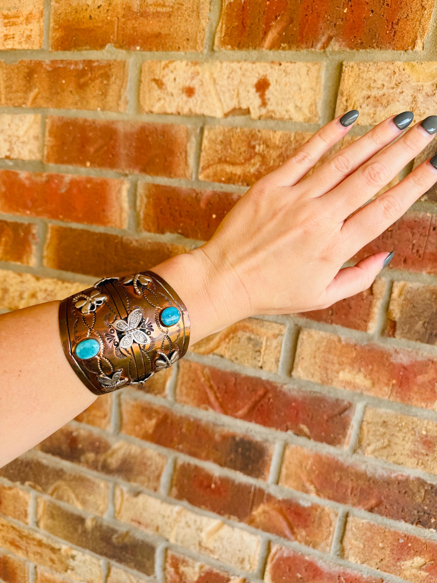 Copper and Sterling Dragonfly and Butterfly Turquoise Cuff Bracelet