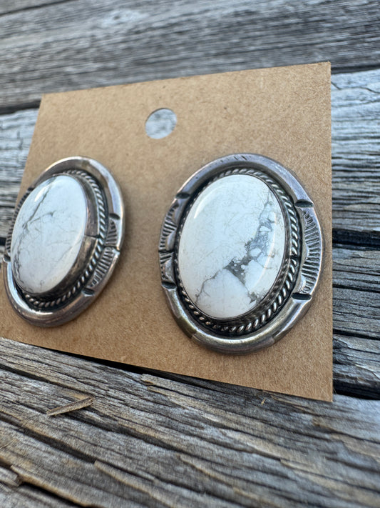 Sterling Silver White Buffalo Stud Earrings signed