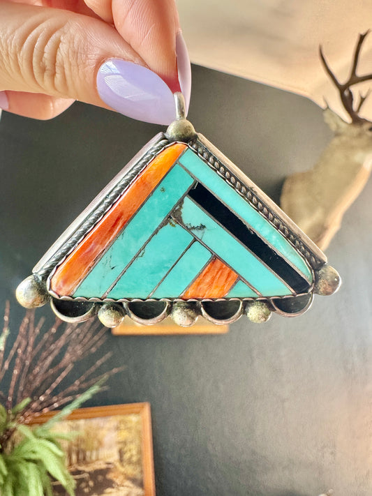 Vintage Native Sterling Turquoise and Spiny Oyster Signed Pendant