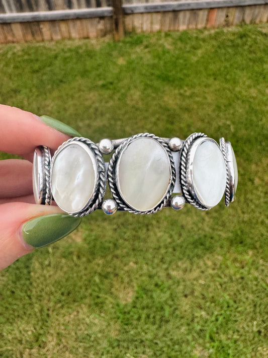 Vintage Sterling Silver Mother of Pearl Cuff Bracelet