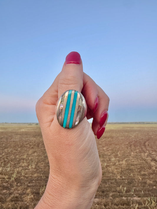Large Vintage Sterling Abalone and Turquoise Ring