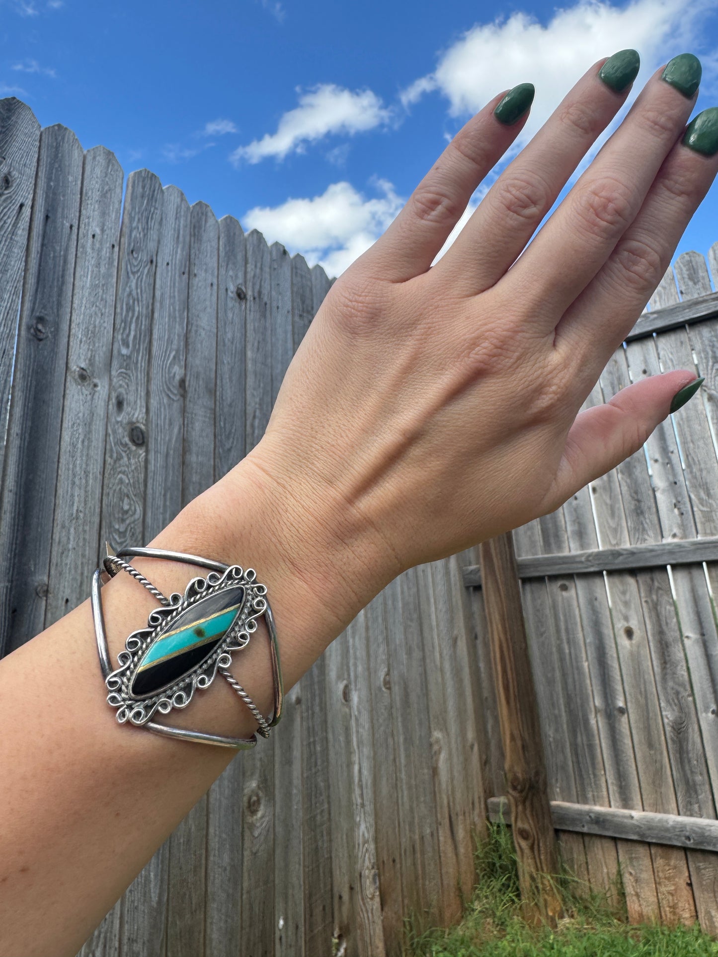 Vintage Sterling Silver Turquoise and Black Onyx Cuff Bracelet