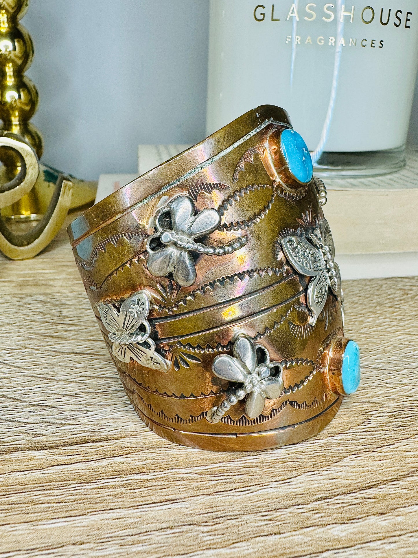 Copper and Sterling Dragonfly and Butterfly Turquoise Cuff Bracelet