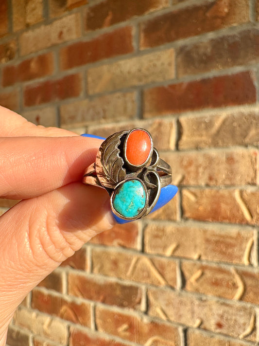 Vintage Sterling Silver Coral and Turquoise Ring
