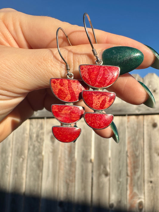 Vintage Sterling Silver Halfmoon Coral Dangle Earrings
