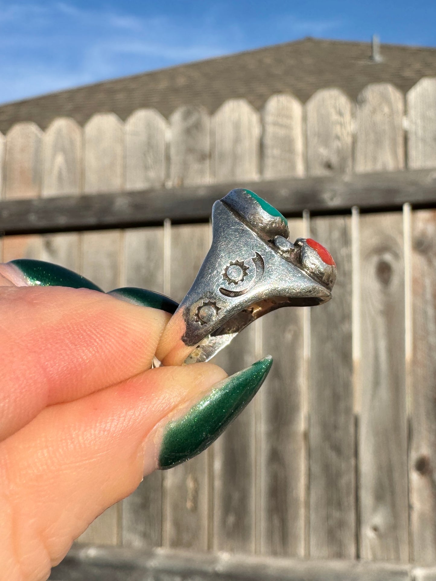 Native American Sterling Silver Coral and Turquoise Ring