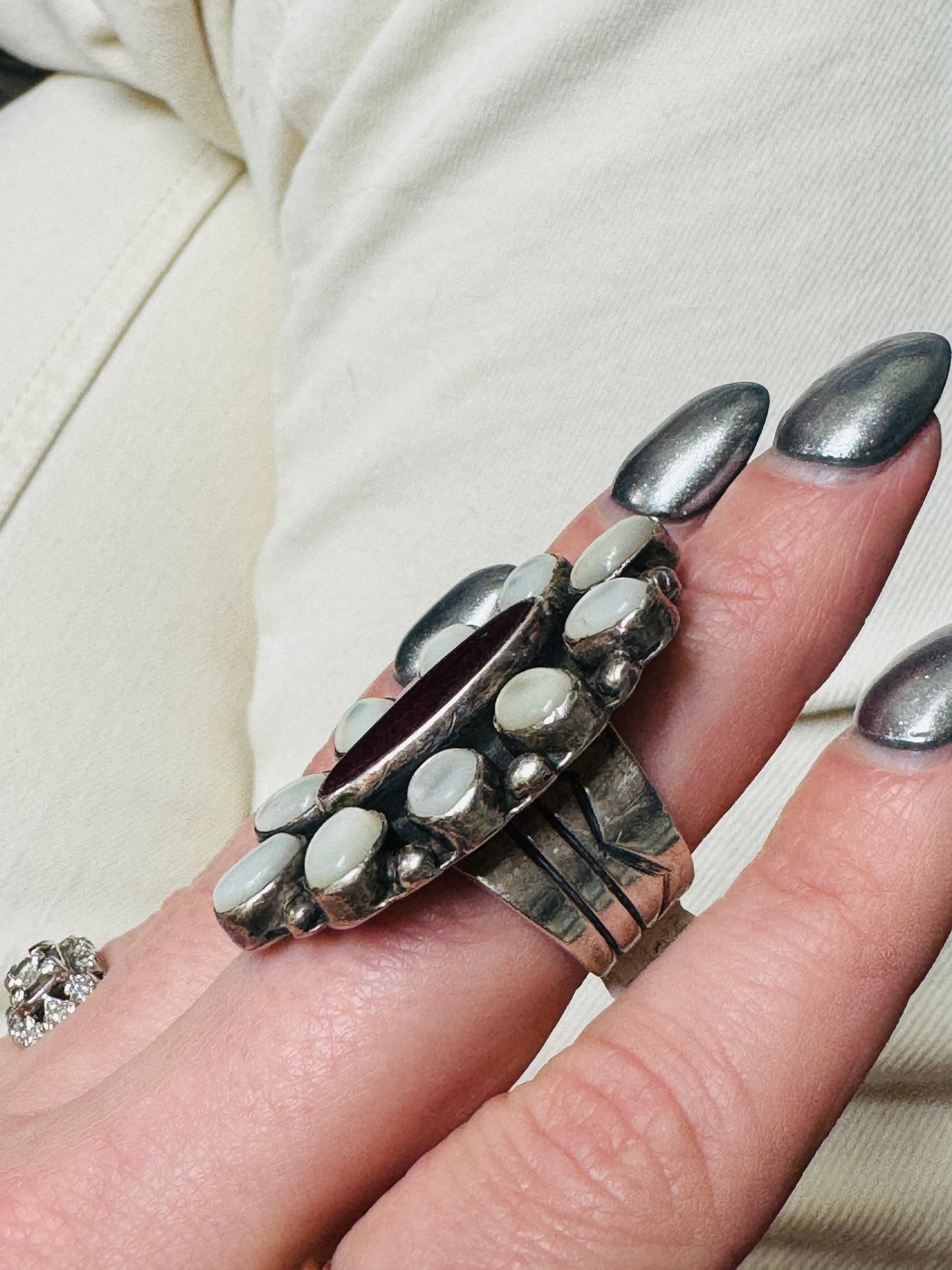 Sterling Silver Mother of Pearl and Spiny Oyster Cluster Ring