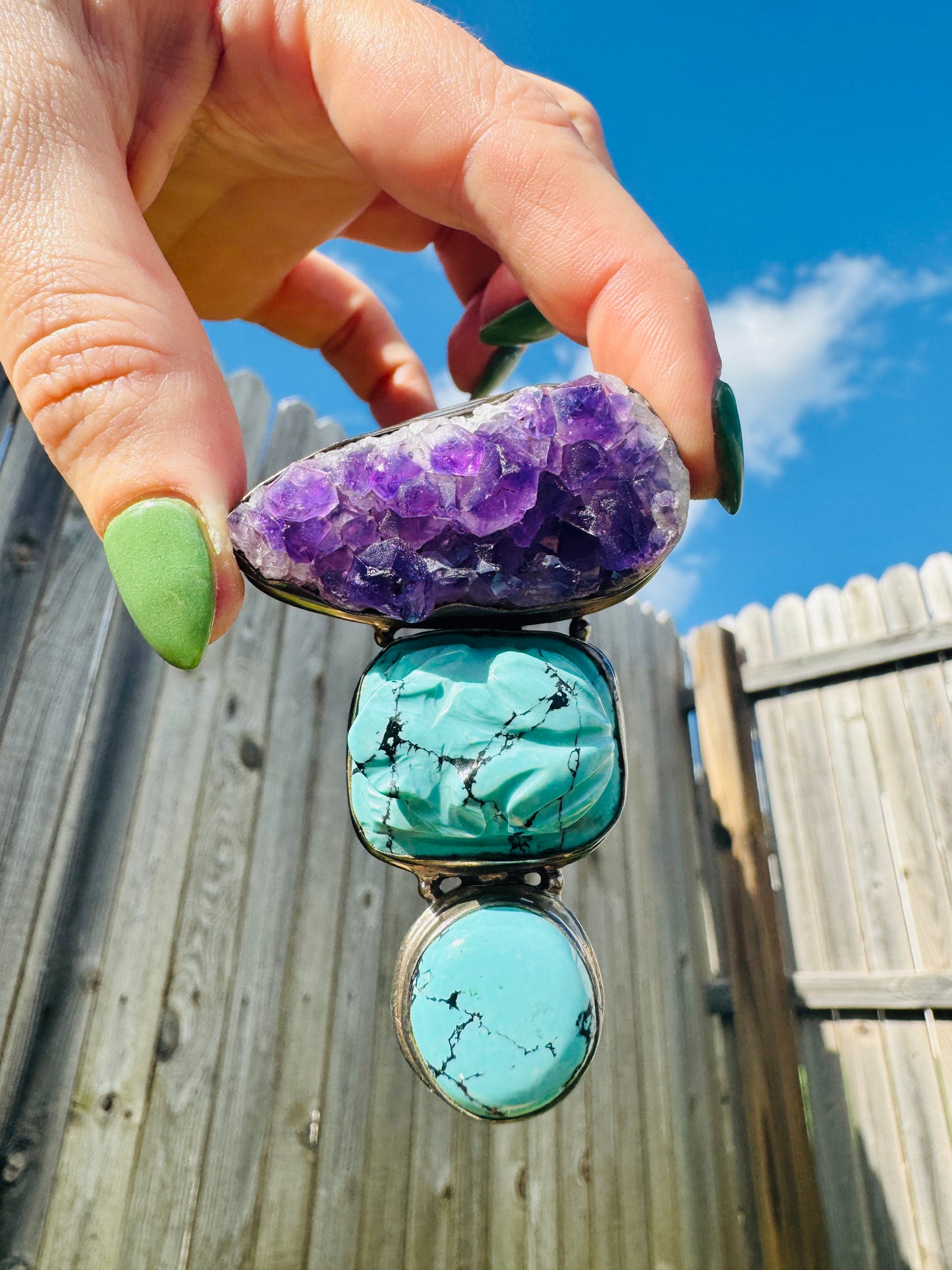 Vintage Sterling Silver Geode and Turquoise Enhancer Pendant