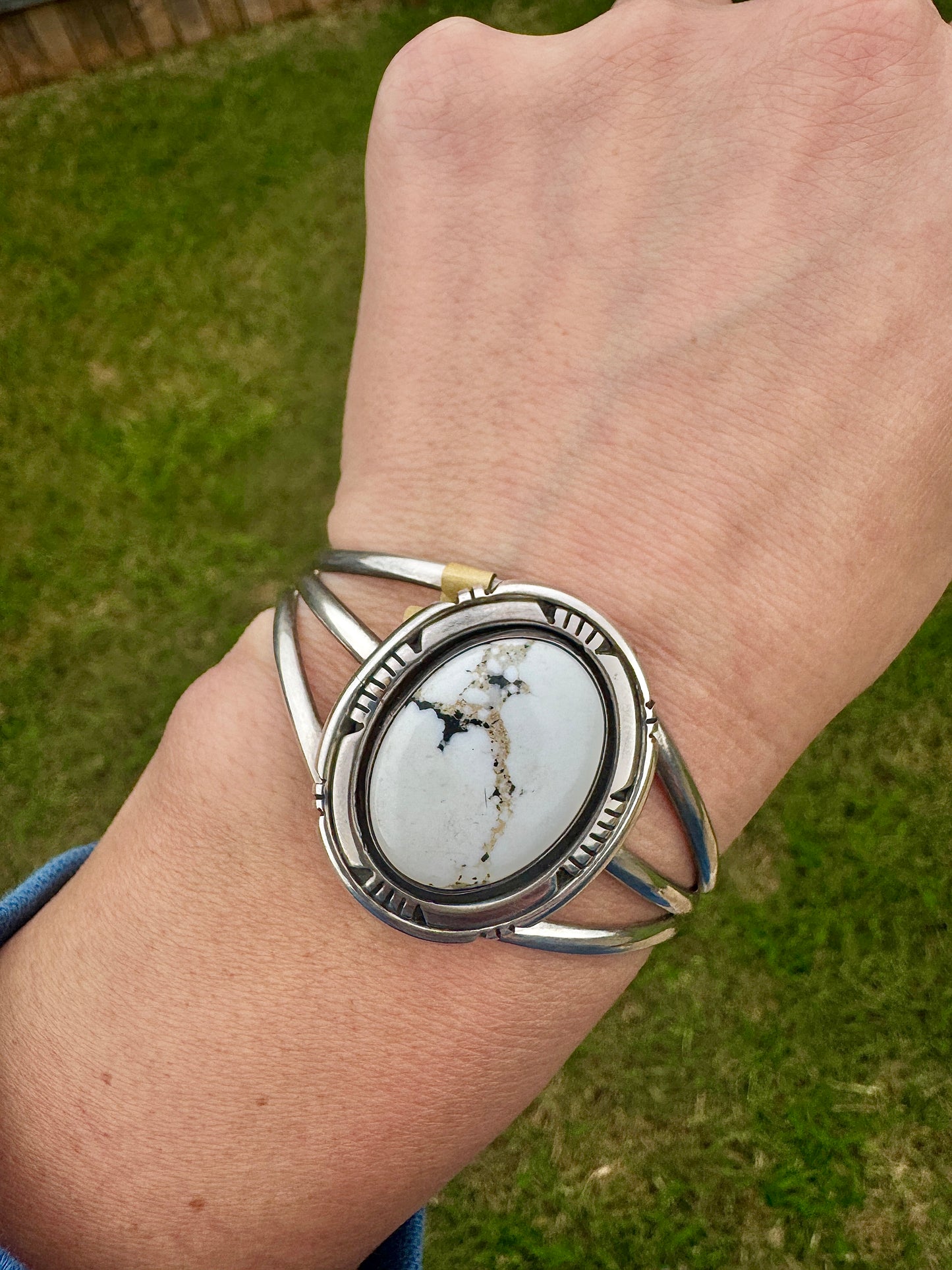 Sterling Silver Signed White Buffalo Cuff Bracelet