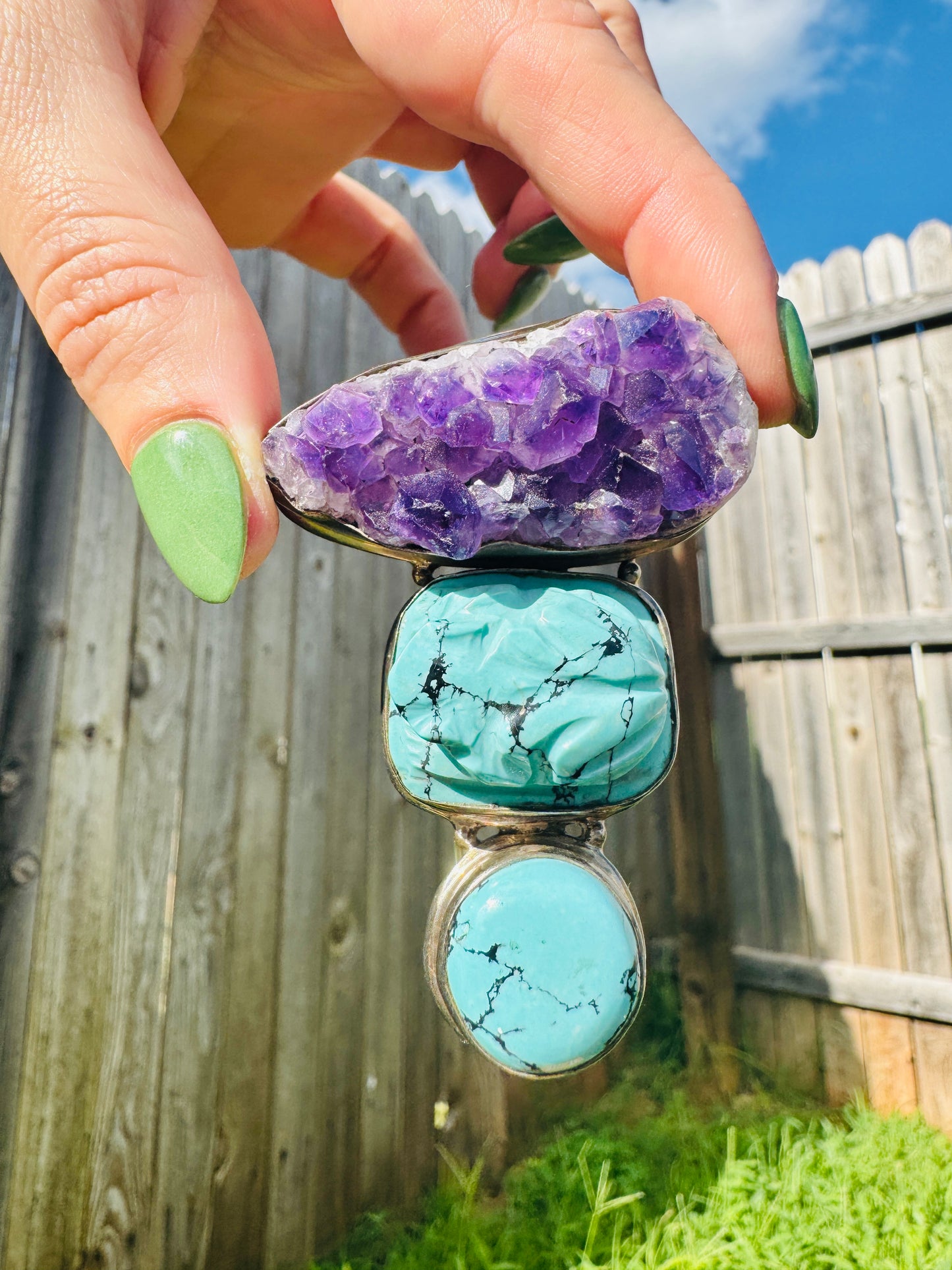 Vintage Sterling Silver Geode and Turquoise Enhancer Pendant