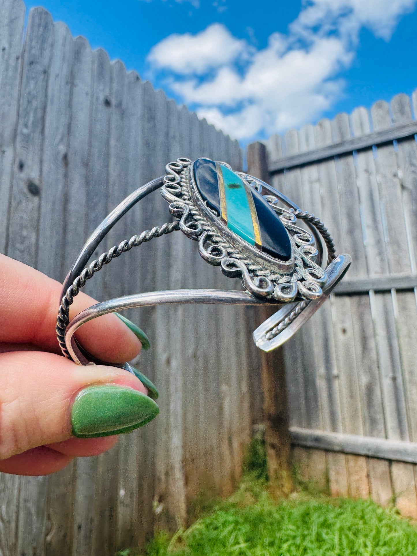 Vintage Sterling Silver Turquoise and Black Onyx Cuff Bracelet