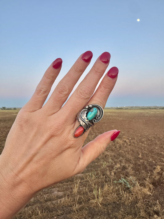Large Vintage Sterling Coral and Turquoise Ring