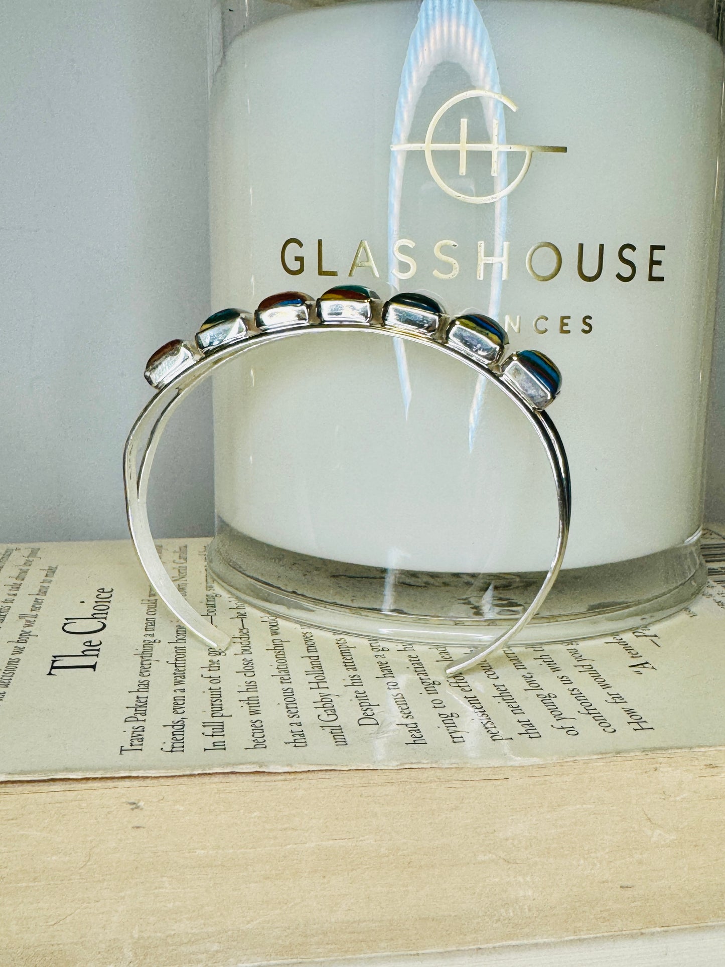 Sterling Silver Rainbow Cadillac Calsilica Cuff Bracelet