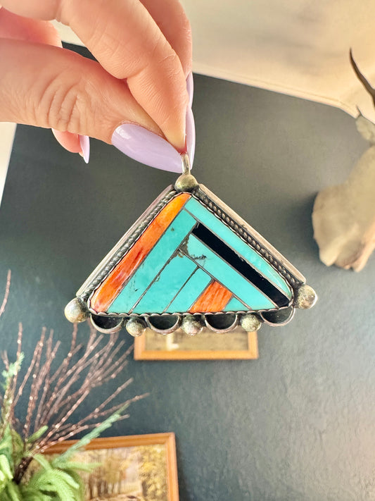 Vintage Native Sterling Turquoise and Spiny Oyster Signed Pendant