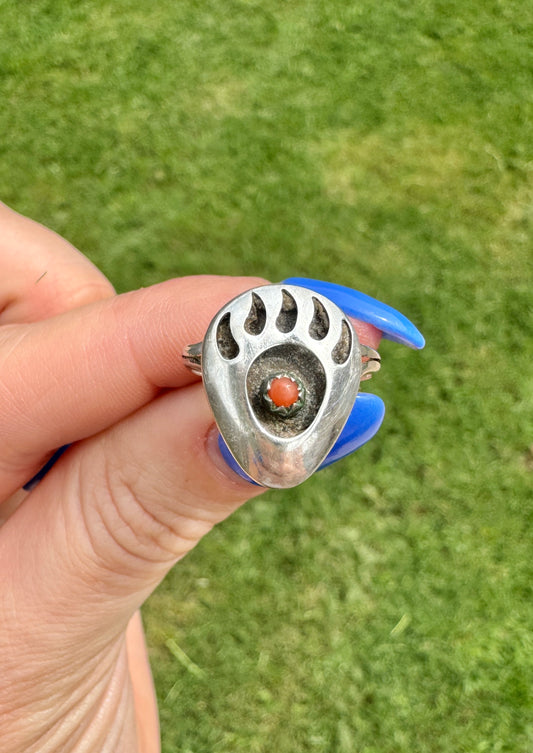 Vintage Navajo Sterling Coral Bear Claw Ring
