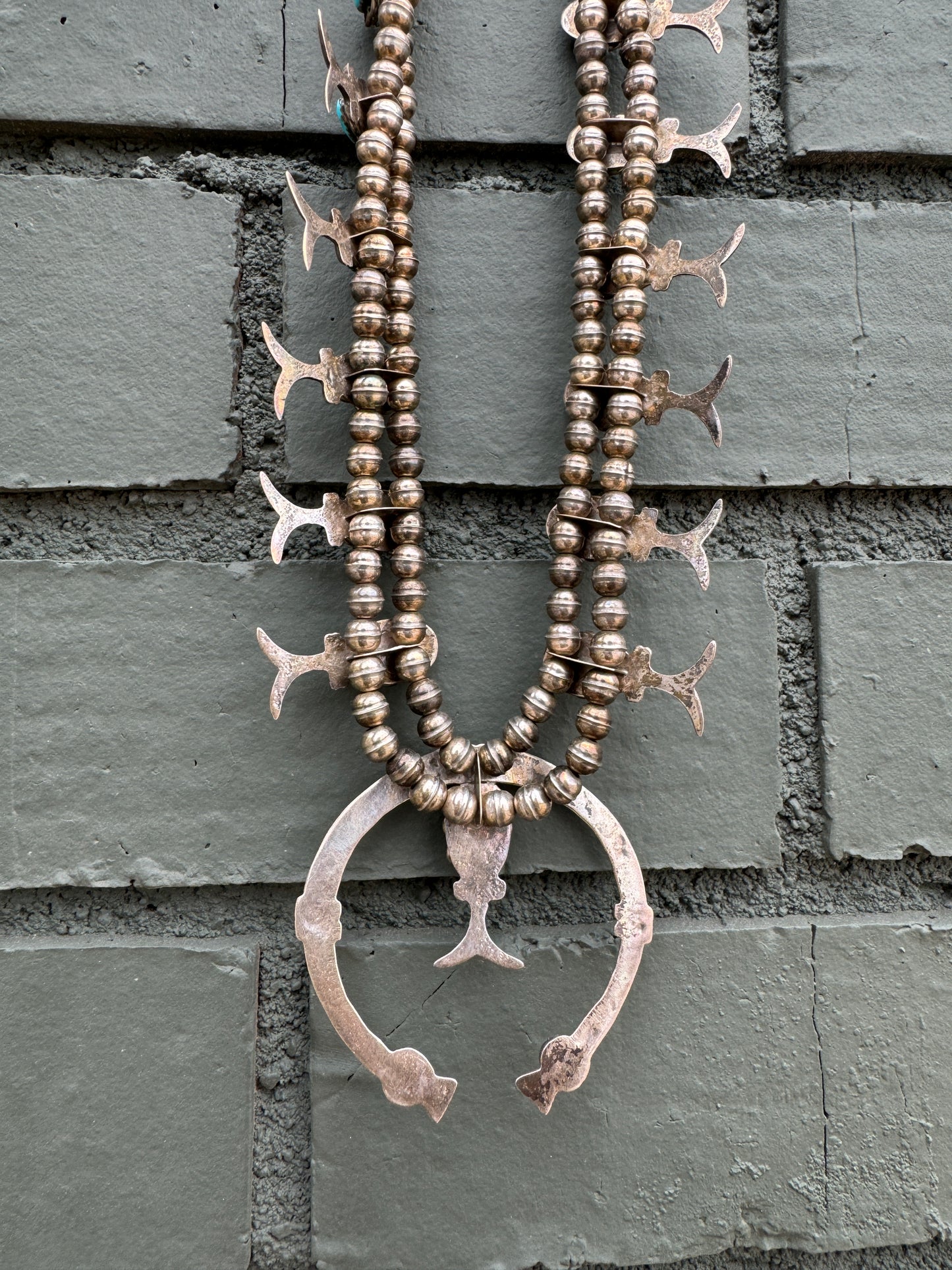 Authentic Sterling Silver Vintage Navajo Pearl Turquoise Squash Blossom Necklace