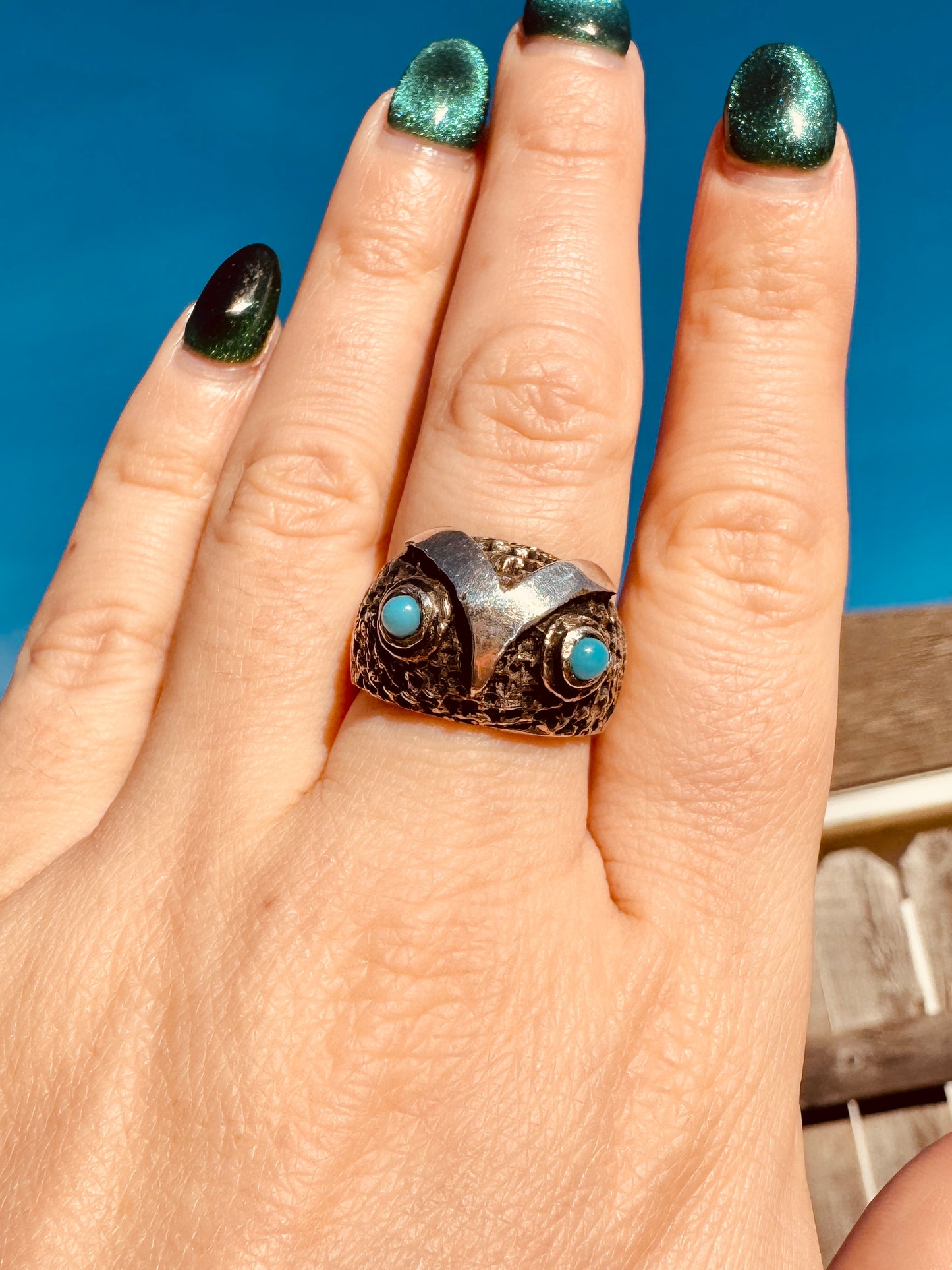 Vintage Sterling Silver Owl Turquoise Ring