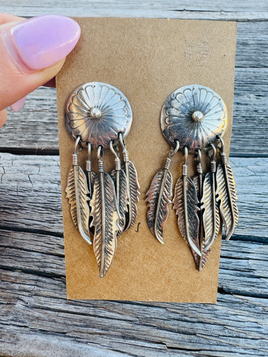 Vintage Sterling Silver Dream Catcher Feather Earrings