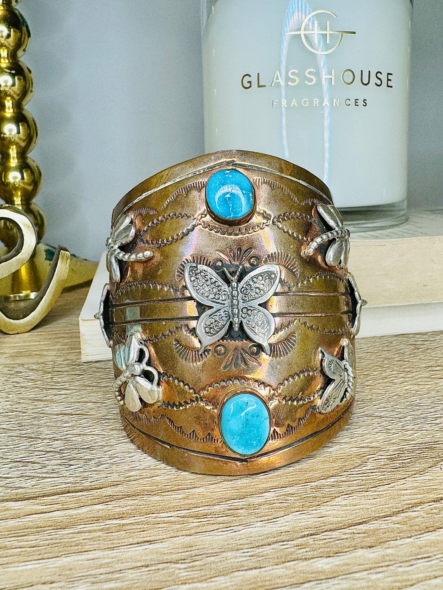 Copper and Sterling Dragonfly and Butterfly Turquoise Cuff Bracelet