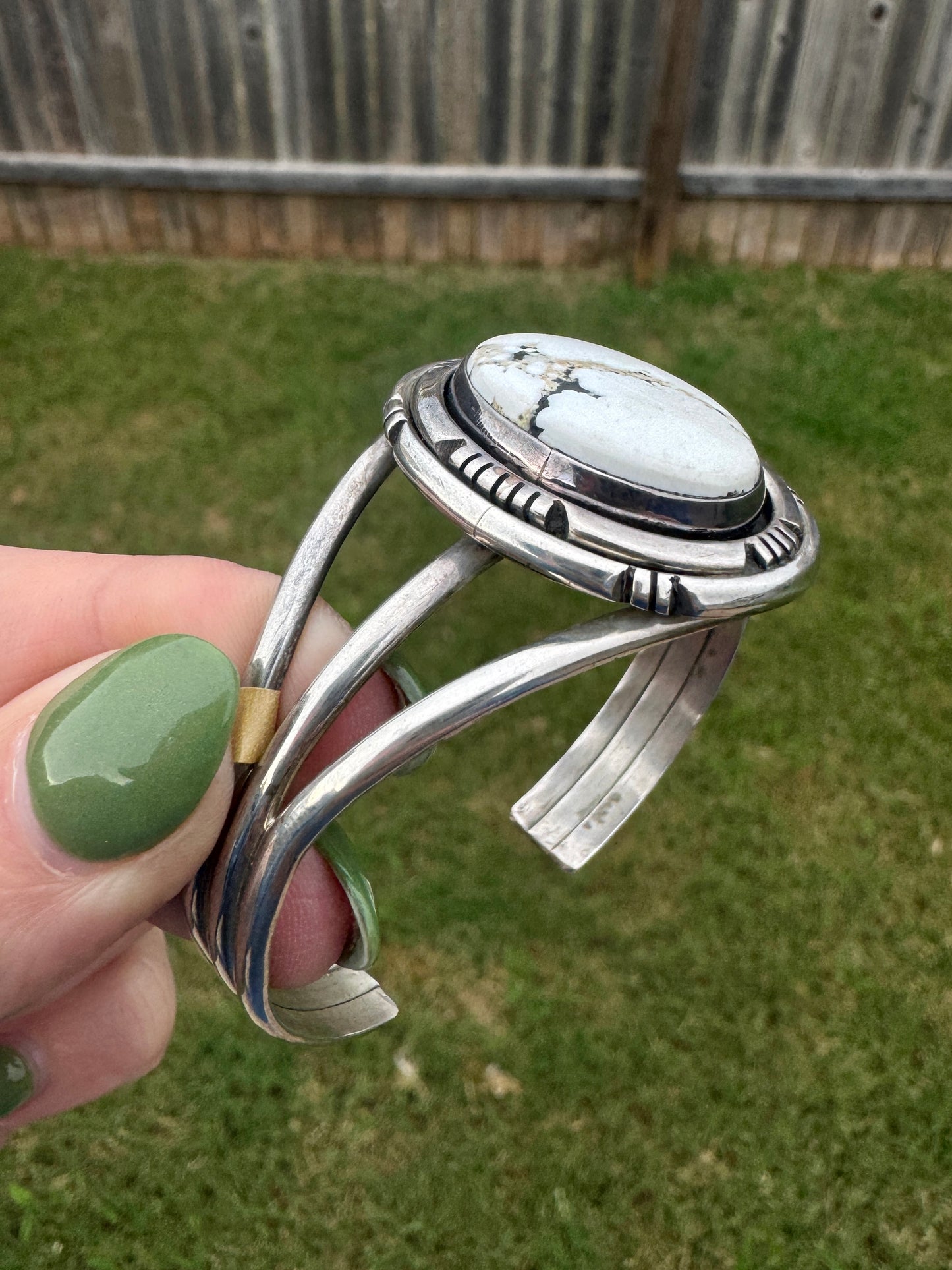 Sterling Silver Signed White Buffalo Cuff Bracelet