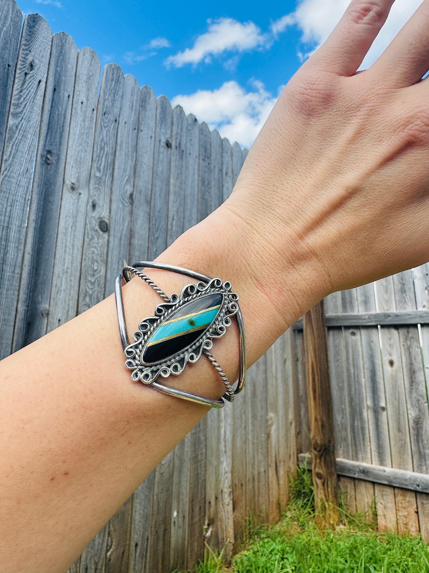Vintage Sterling Silver Turquoise and Black Onyx Cuff Bracelet