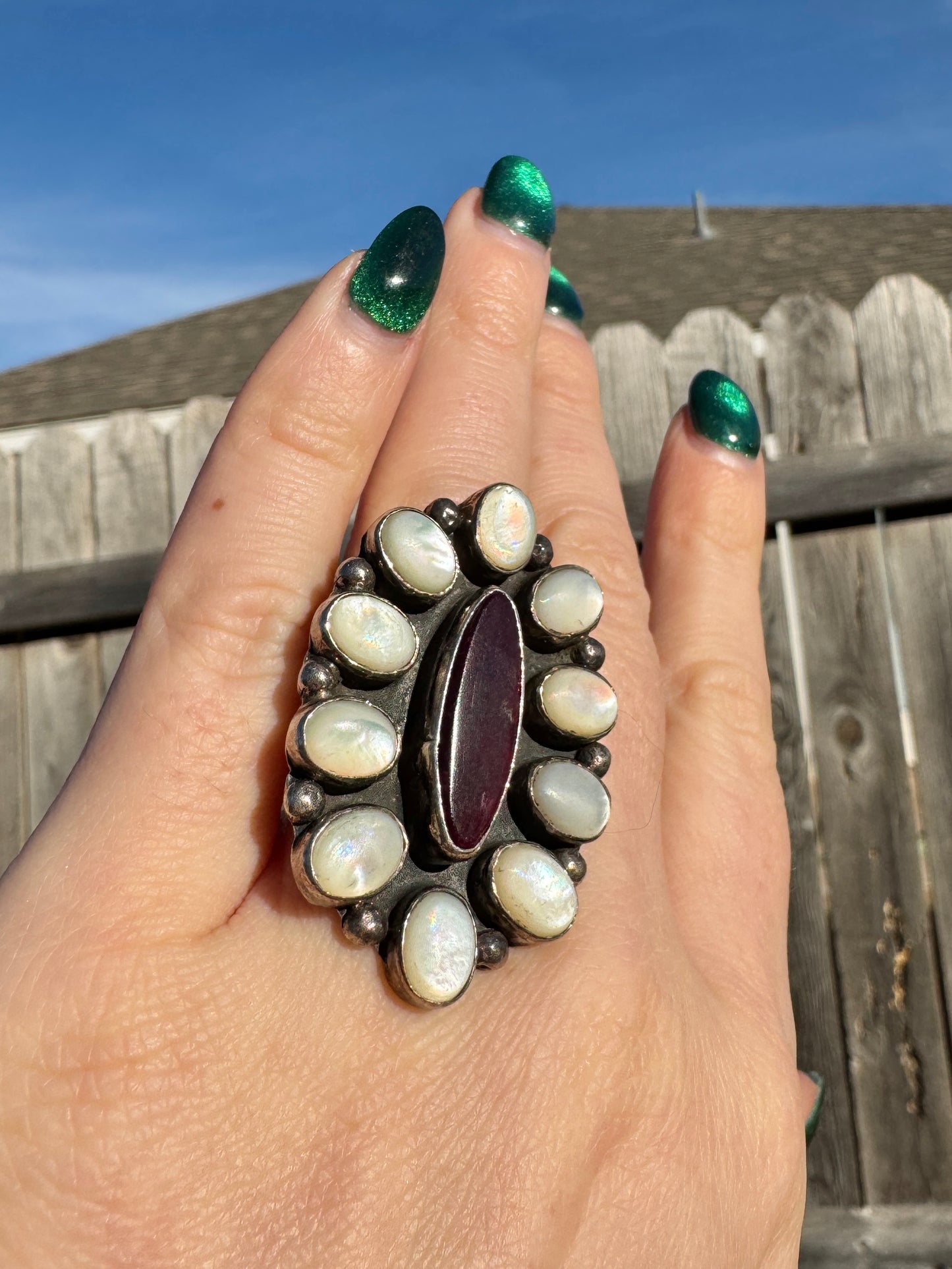 Sterling Silver Mother of Pearl and Spiny Oyster Cluster Ring
