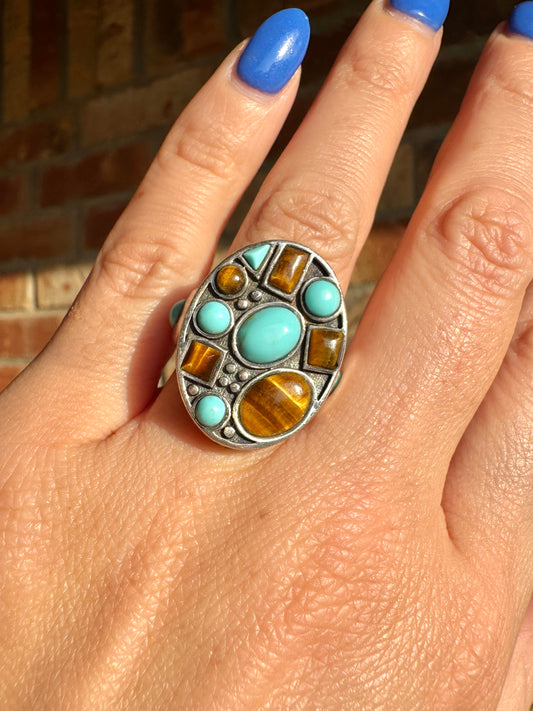 Sterling Silver Turquoise and Tigers Eye Ring
