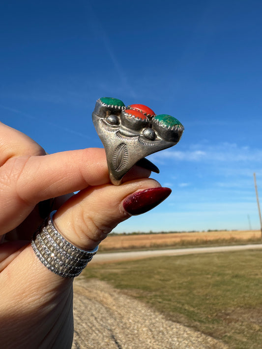 Navajo Sterling Silver Turquoise and Coral Ring signed by artist