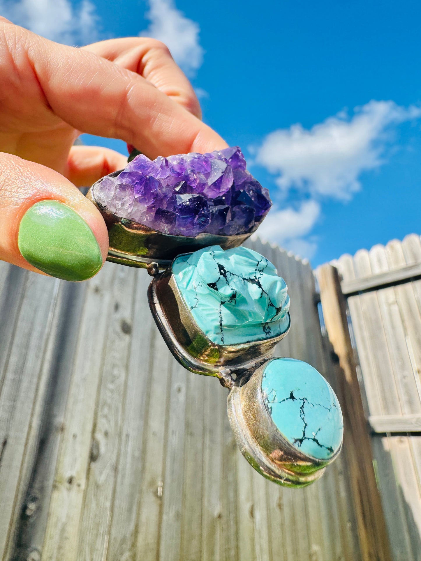 Vintage Sterling Silver Geode and Turquoise Enhancer Pendant