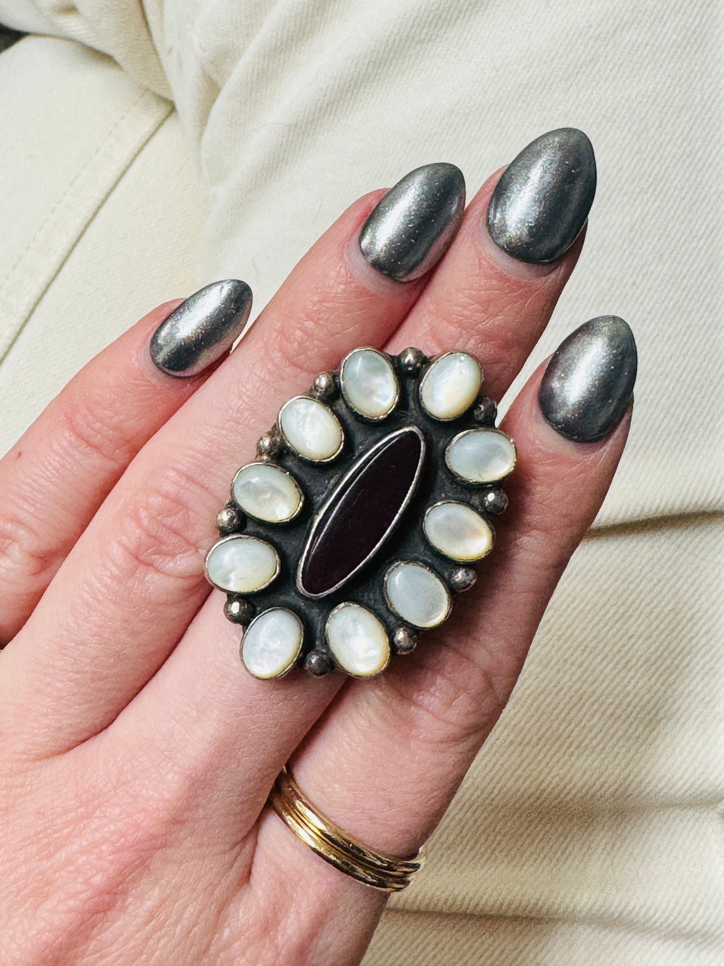 Sterling Silver Mother of Pearl and Spiny Oyster Cluster Ring