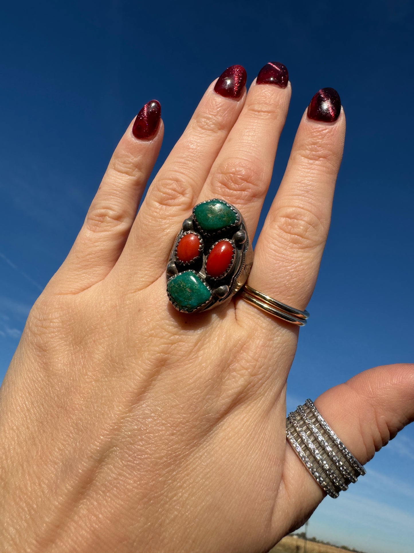 Navajo Sterling Silver Turquoise and Coral Ring signed by artist