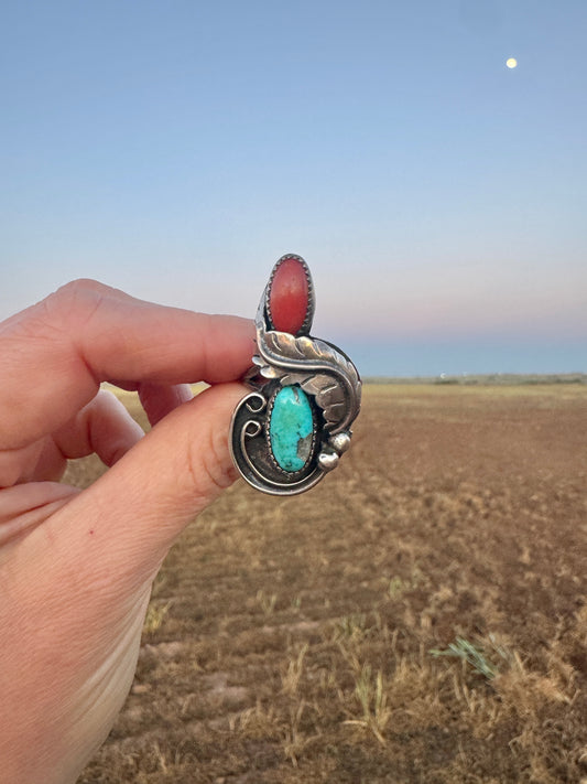 Large Vintage Sterling Coral and Turquoise Ring