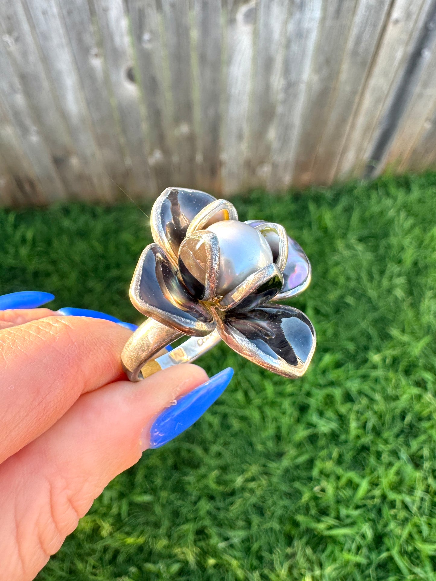 Sterling Silver Abalone and Pearl Flower Ring