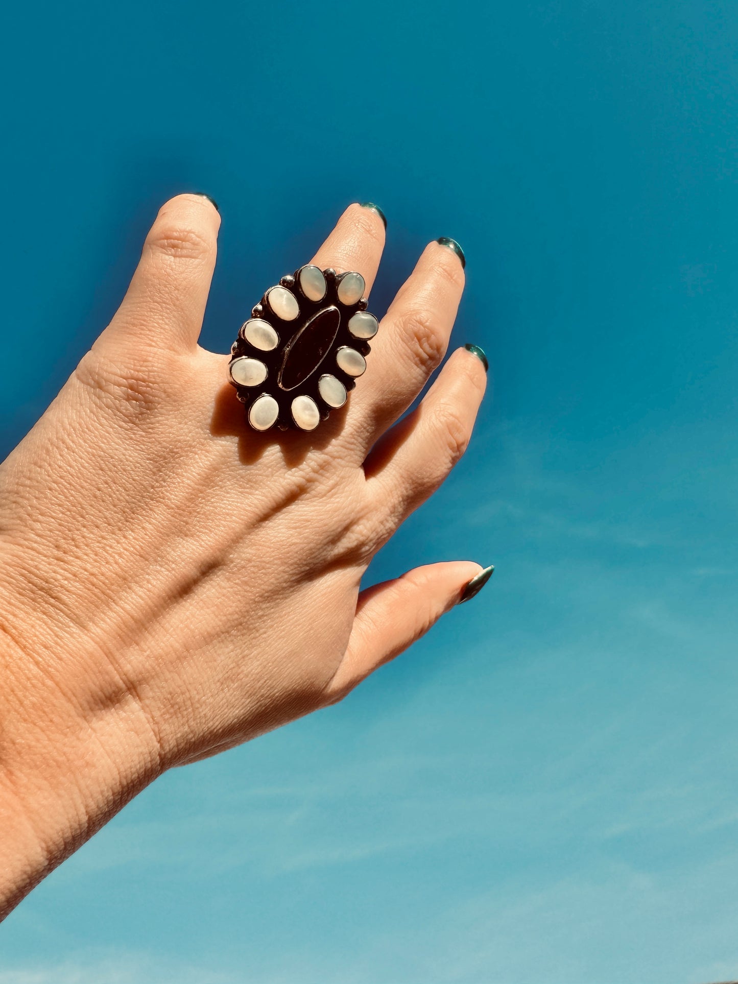 Sterling Silver Mother of Pearl and Spiny Oyster Cluster Ring