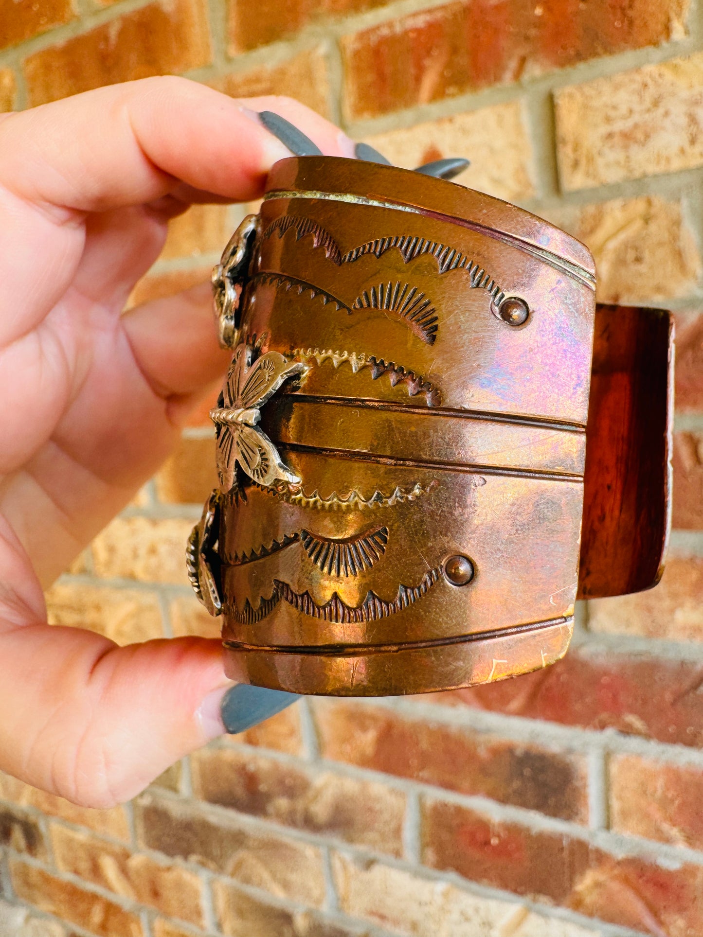 Copper and Sterling Dragonfly and Butterfly Turquoise Cuff Bracelet