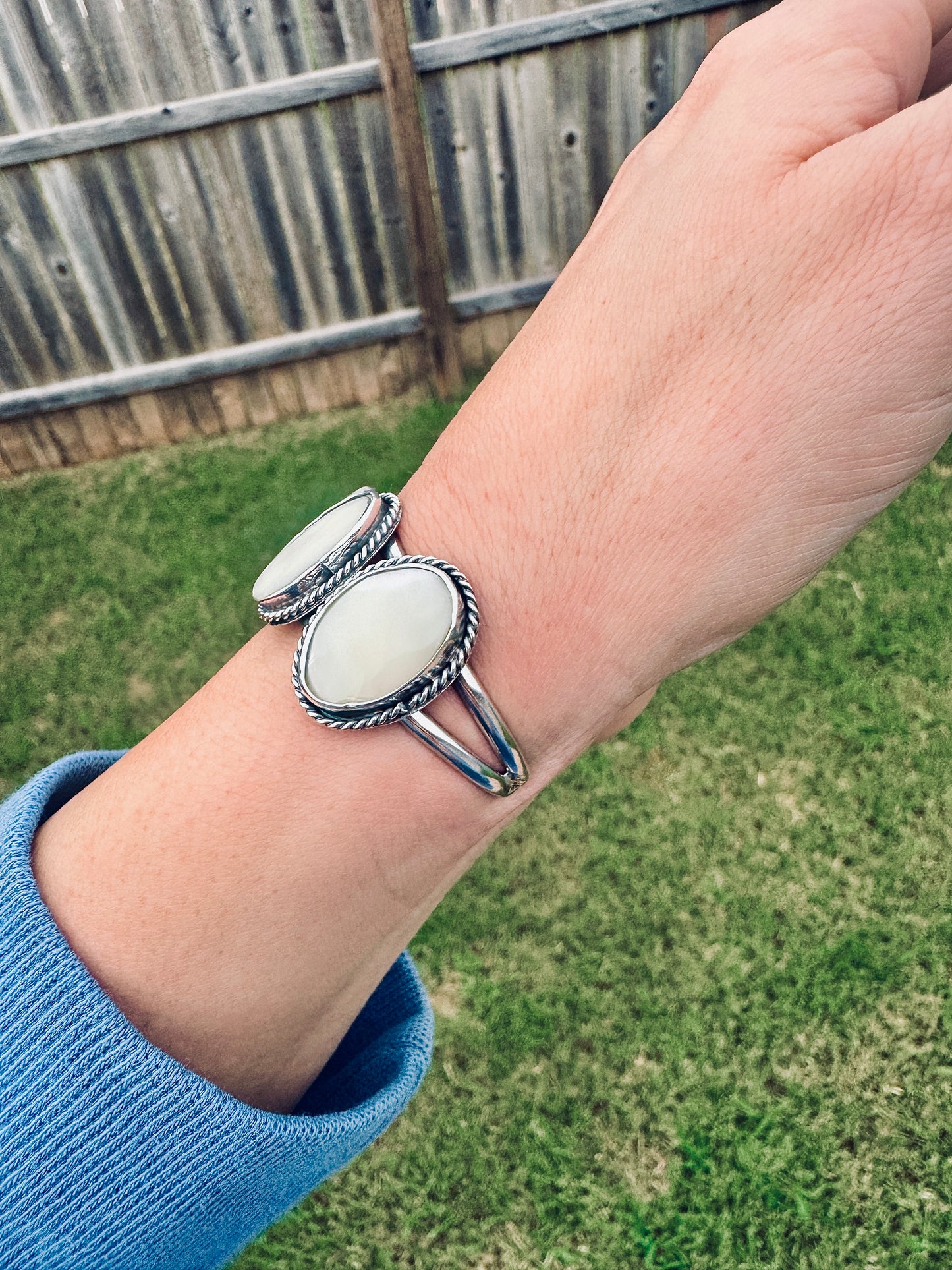 Vintage Sterling Silver Mother of Pearl Cuff Bracelet