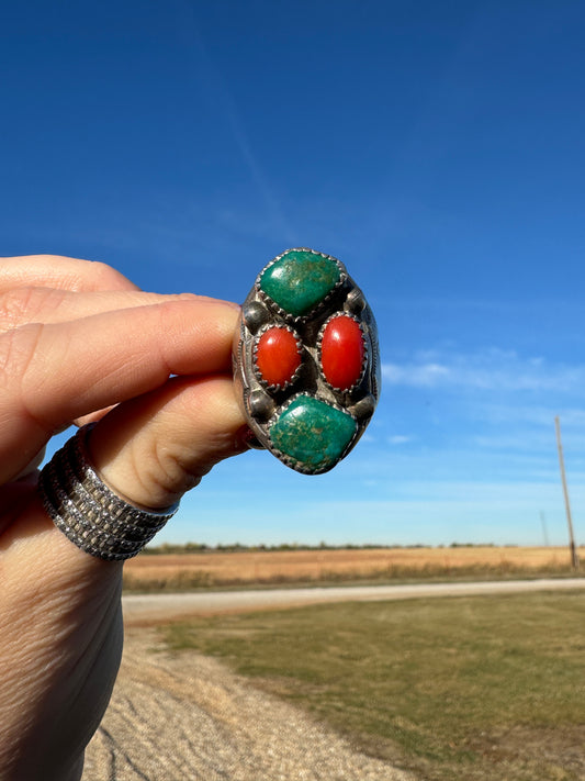 Navajo Sterling Silver Turquoise and Coral Ring signed by artist