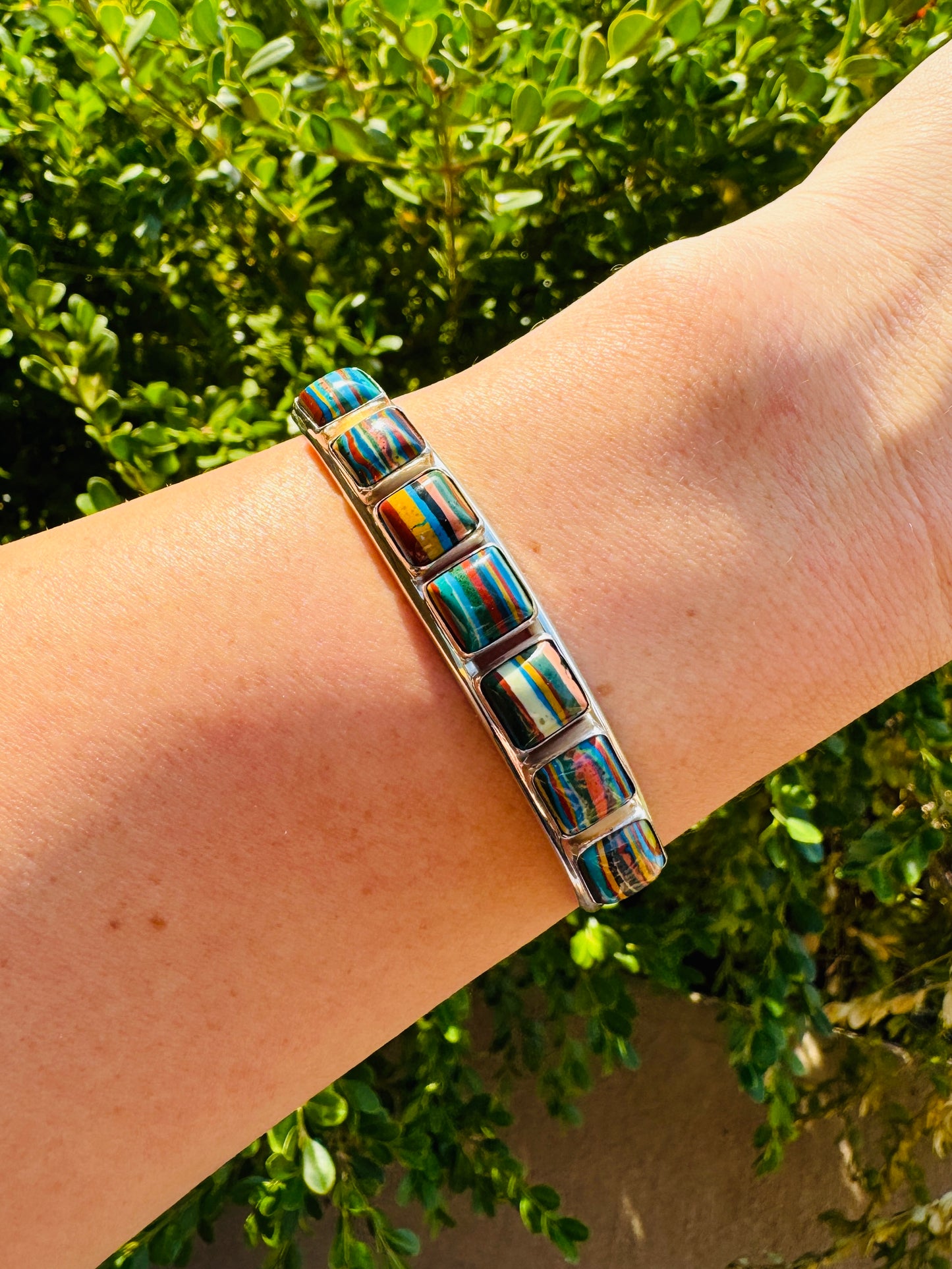 Sterling Silver Rainbow Cadillac Calsilica Cuff Bracelet