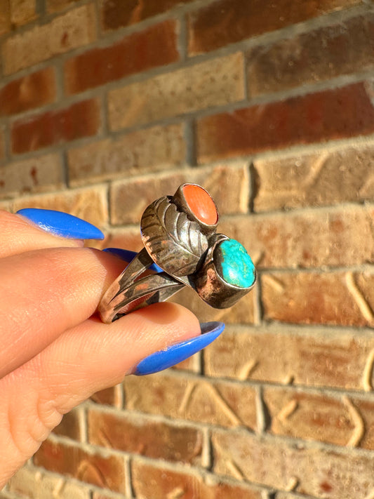 Vintage Sterling Silver Coral and Turquoise Ring