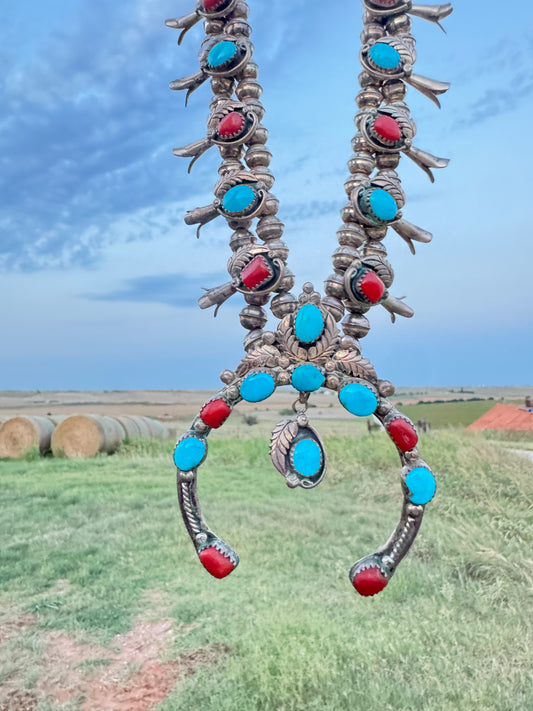 Vintage Native American Sterling Coral and Turquoise Squash Blossom Necklace