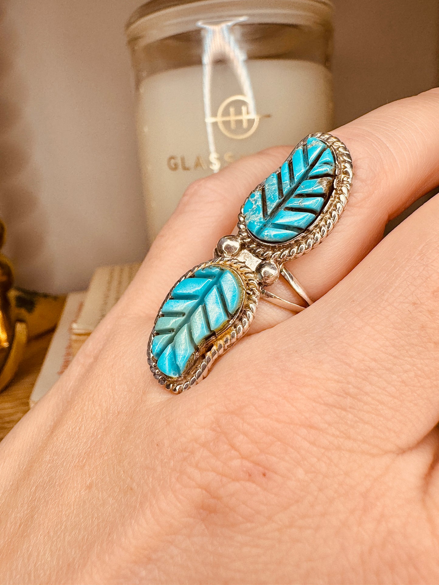 Vintage Native American Handmade Sterling Silver Leaf Feather Turquoise Ring