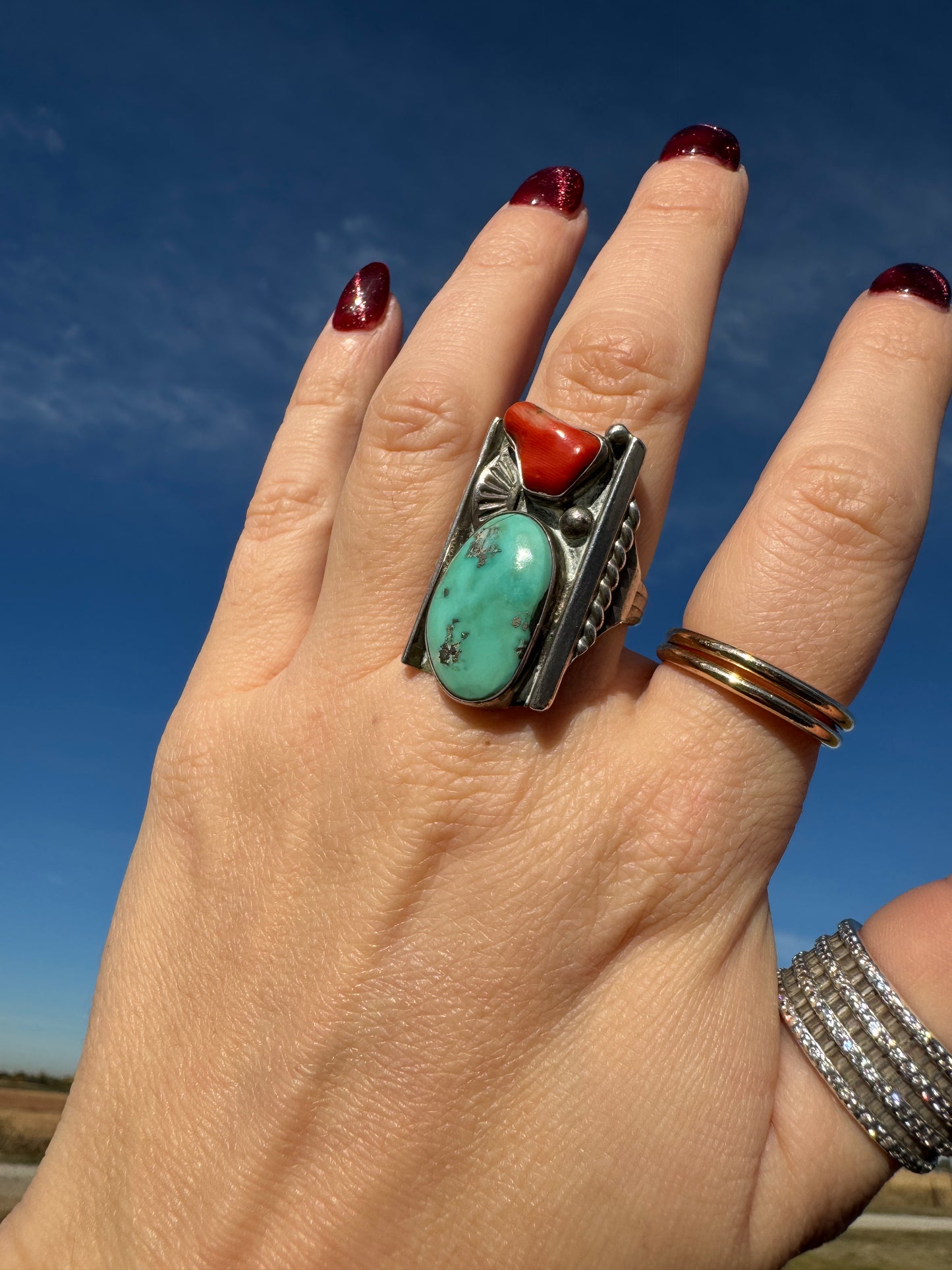 Large Sterling Silver Native Turquoise and Coral Ring