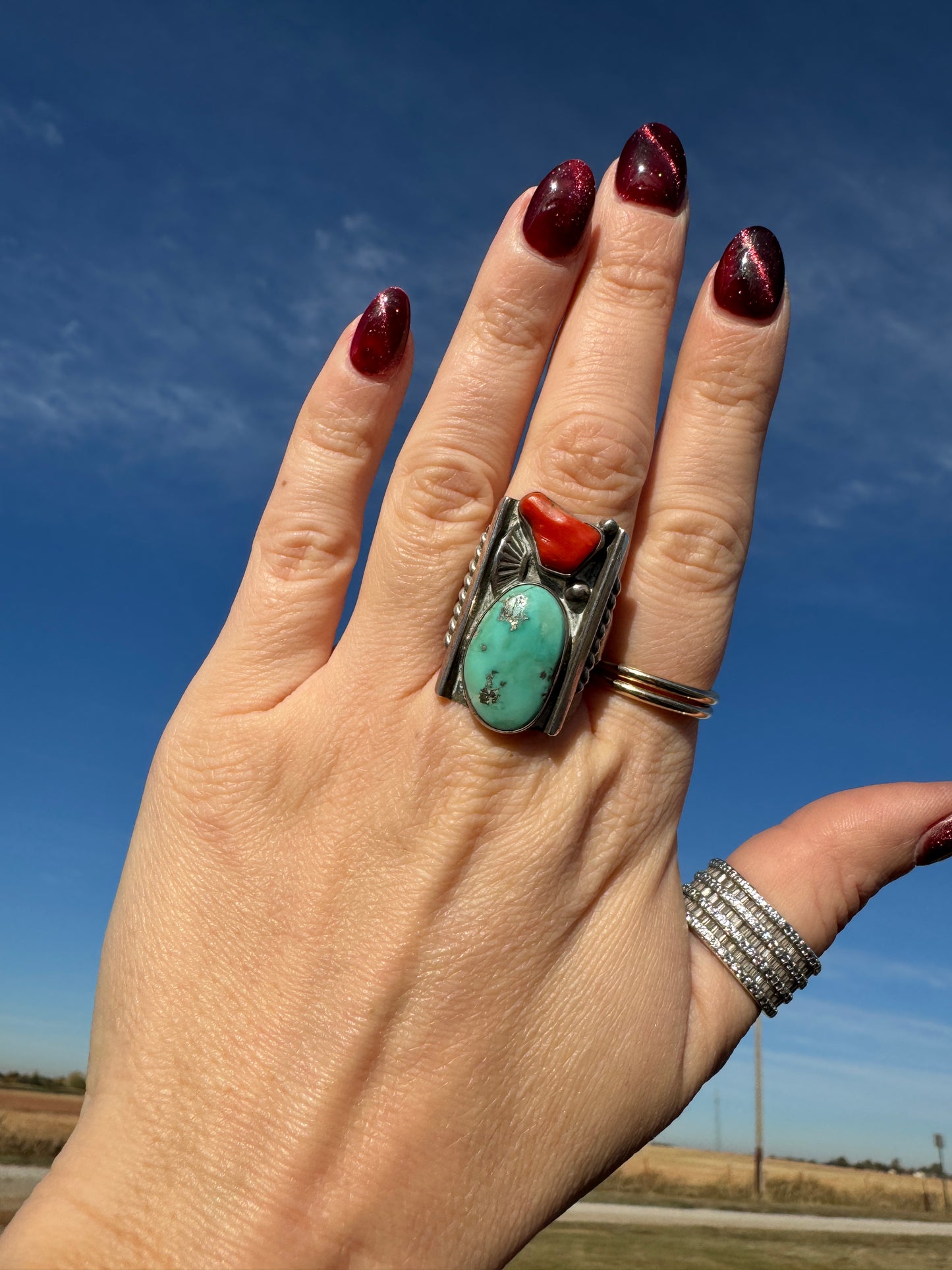 Large Sterling Silver Native Turquoise and Coral Ring