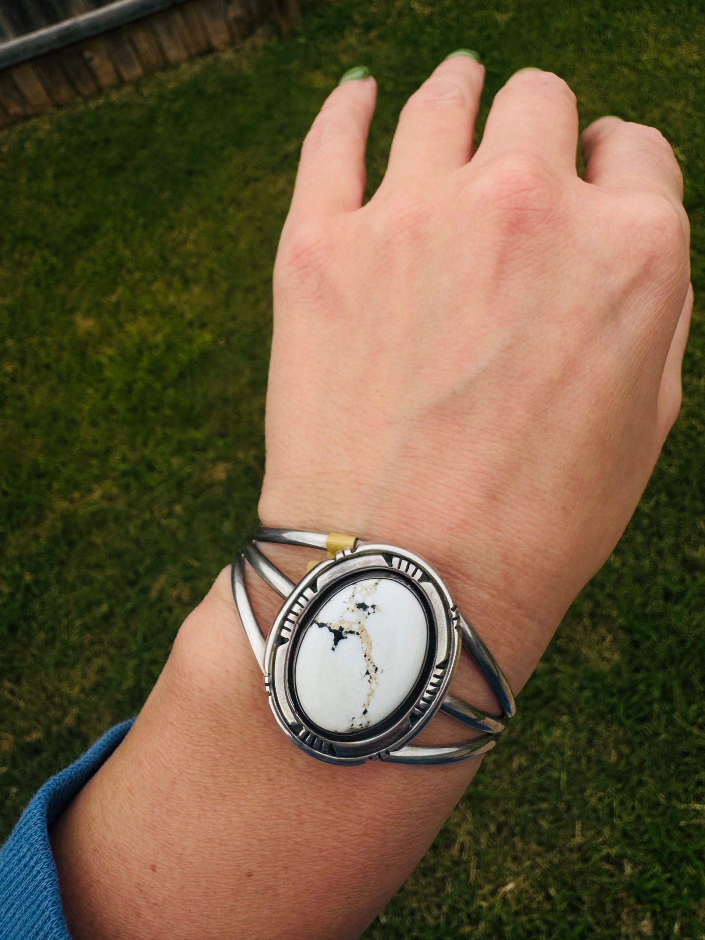 Sterling Silver Signed White Buffalo Cuff Bracelet