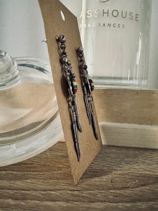 Sterling Signed Multi-Stone Feather Earrings