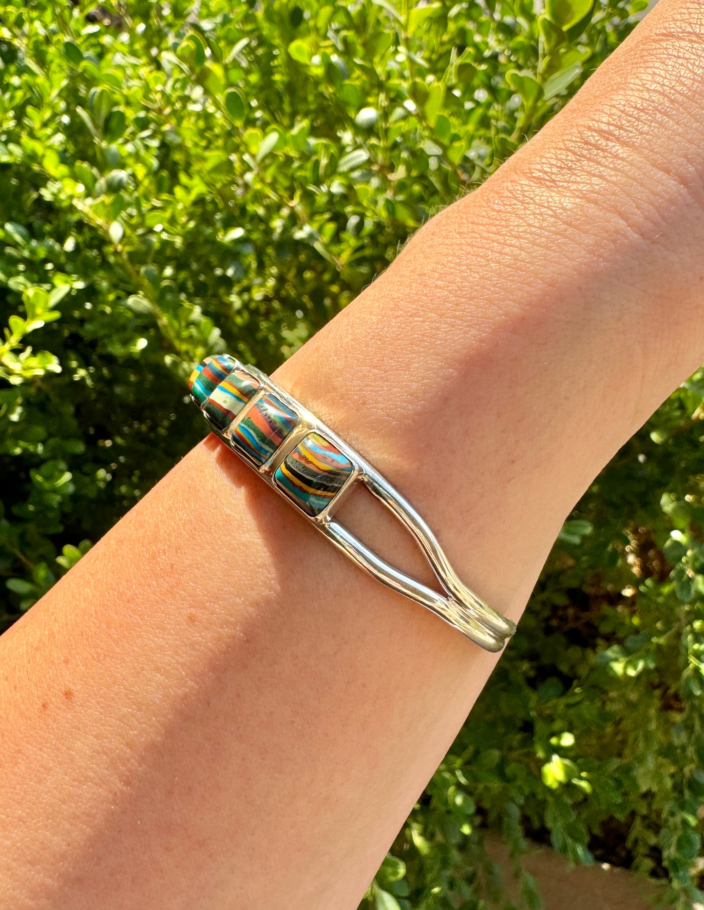 Sterling Silver Rainbow Cadillac Calsilica Cuff Bracelet
